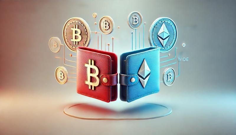 A red hot wallet symbolizing its connection to the internet, placed next to a blue cold wallet indicating its offline nature. The wallets are displayed side by side on a clean, minimalist background with subtle digital currency icons like Bitcoin and Ethereum integrated into the design